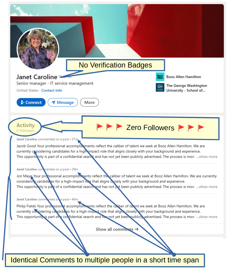 Screencap showing zero followers, no verification, and numerous templated comments in a short timespan.
