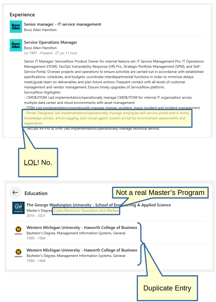 Annotated screencap of Janet's education and experience.