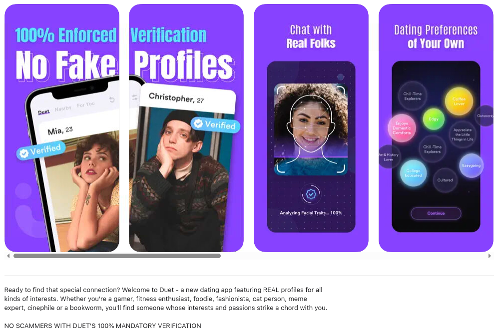 A screenshot from the Apple App Store page for the Duet dating app, which boasts 100% Enforced Verification, No Fake Profiles, Chat with Real Folks, and No Scammers.