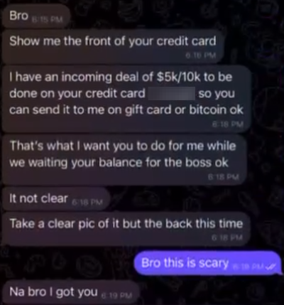 Screenshot showing Naymah asking for Johnny's credit card information. Johnny is scared.