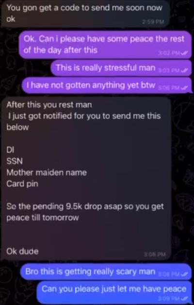 Screenshot showing Naymah asking for the rest of Johnny's banking info and Social Security number.