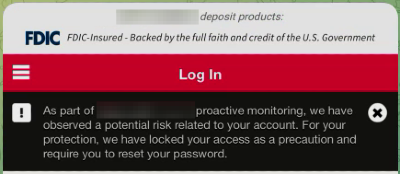 Screenshot of a notification that Johnny's bank account has been locked by the bank.