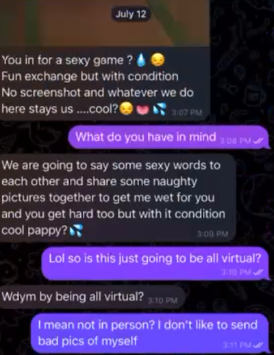 Screenshot of chat where "Emily" suggests sexting and exchanging nude photos, while Johnny expresses a preference for in-person dating.