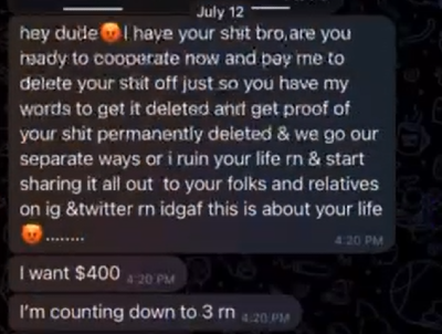 Screenshot displaying angry texts from Emily demanding $400 to delete Johnny's nude photos.