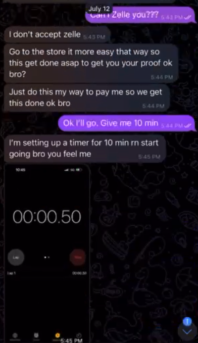 Screenshot showing Naymah telling Johnny to go the store, then timing him.
