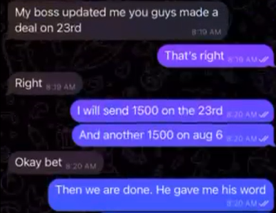 Screenshot showing Johnny verifying his agreement to pay two installments of $1,500.