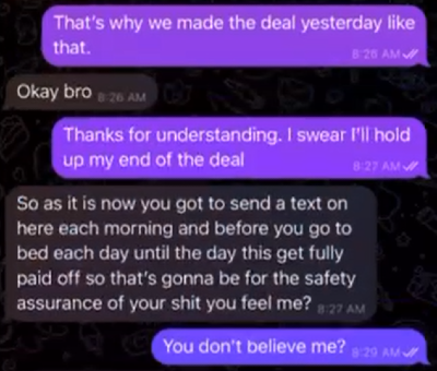 Screenshot showing Naymah telling Johnny he has to check-in twice a day.
