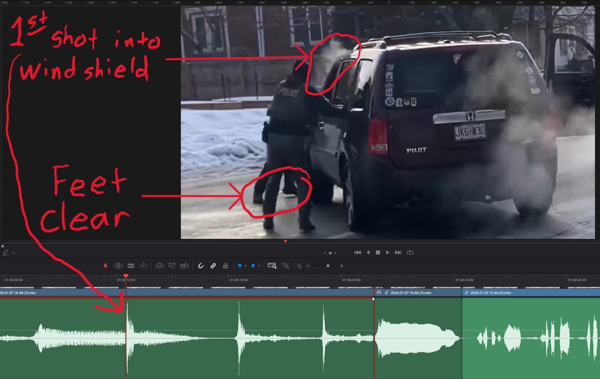 Screenshot from Davinci Resolve showing moment of shot visually and in relation to audio waveforms.