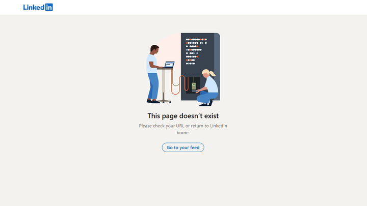 A LinkedIn error page resulting from a spam account being deleted.