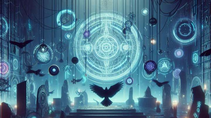 A mystical setting with a conspiracy of ravens and various dangling amulets guarding a large sigil.