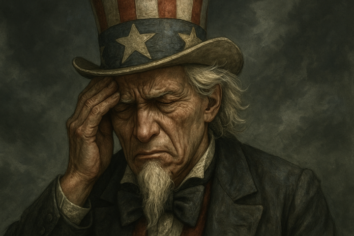 An AI generated illustration of Uncle Sam experiencing a migraine representative of the anguish of an entire nation.